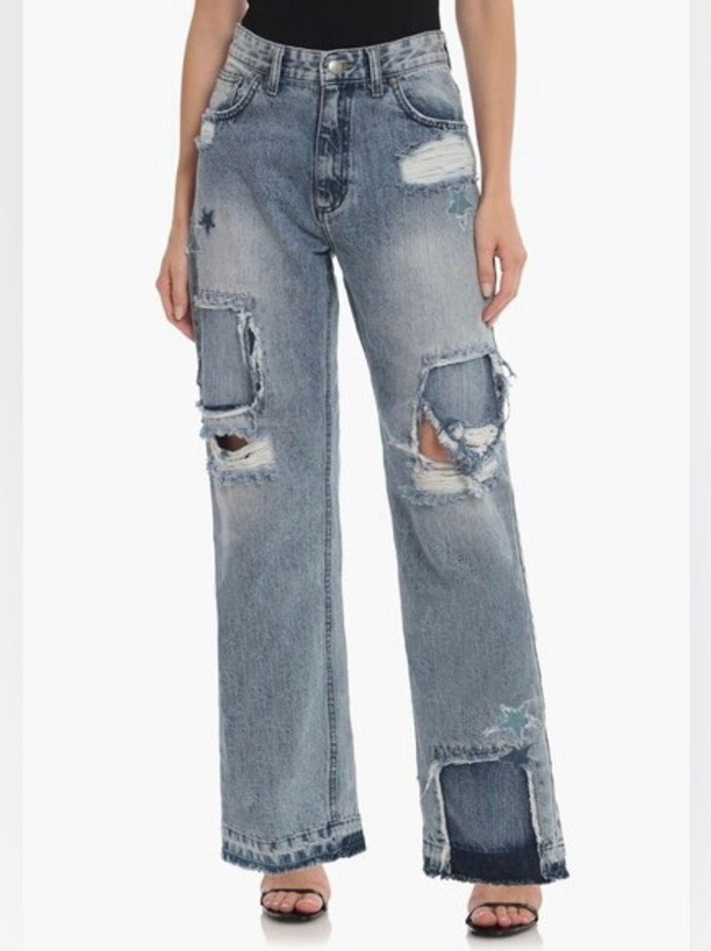 Avec Les Filles Star Patch Distressed Wide-Leg Jeans in multi-Blue Denim Size 29